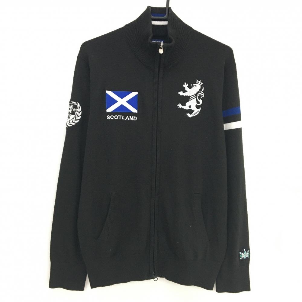 アドミラル ニットジャケット 黒×白×ブルー ロゴ刺しゅう ウール混 ダブルジップ メンズ L ゴルフウェア Admiral