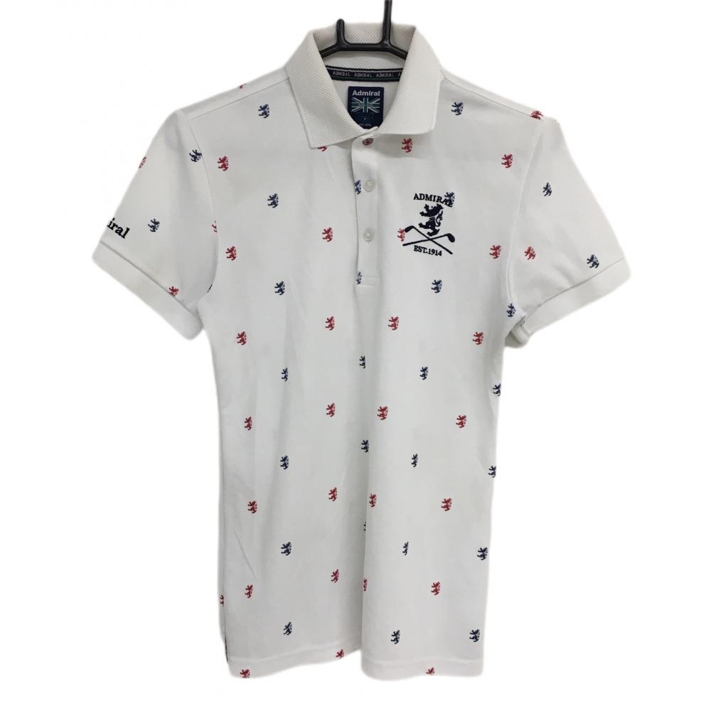 アドミラル 半袖ポロシャツ 白×レッド ロゴ総柄 襟ニット メンズ M ゴルフウェア Admiral