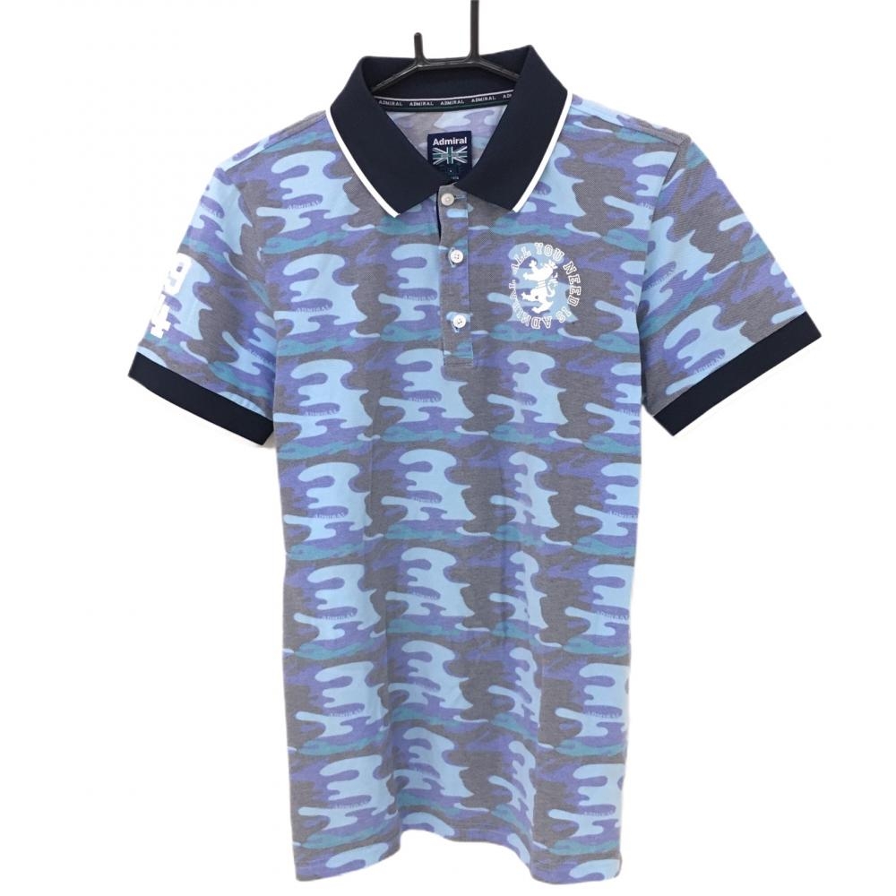 【超美品】アドミラル 半袖ポロシャツ ネイビー×グレー カモフラ 迷彩 プリントロゴ メンズ L ゴルフウェア Admiral