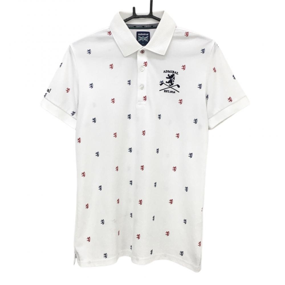 アドミラル 半袖ポロシャツ 白×ネイビー ロゴ総柄 ロゴ刺しゅう  メンズ L ゴルフウェア Admiral