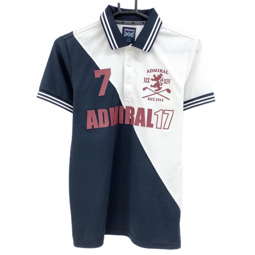【美品】アドミラル 半袖ポロシャツ 白×ネイビー ロゴレッド 立体ロゴ メンズ M ゴルフウェア Admiral