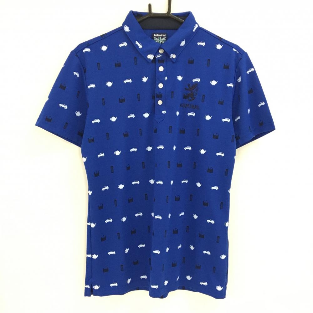 【超美品】アドミラル 半袖ポロシャツ ブルーネイビー系×白 総柄 車 ティーポット メンズ L ゴルフウェア Admiral