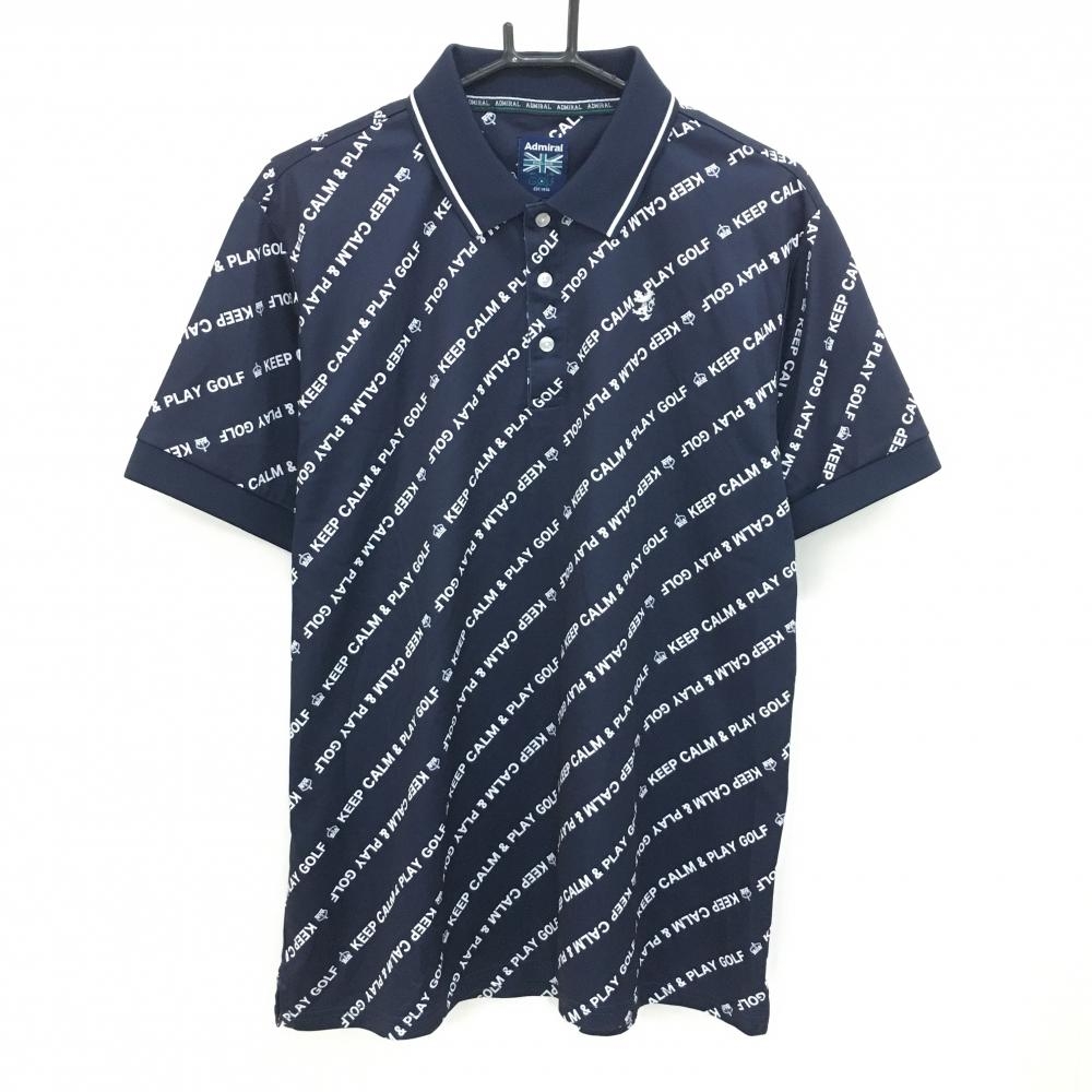 アドミラル 半袖ポロシャツ ネイビー×白 英字総柄  メンズ XL ゴルフウェア Admiral
