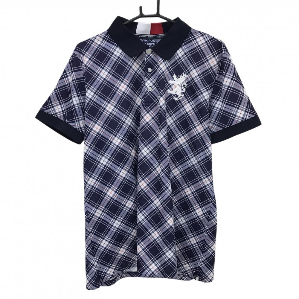 【超美品】アドミラル 半袖ポロシャツ ネイビー×白 斜めチェック ロゴ刺しゅう  メンズ XL ゴルフウェア Admiral