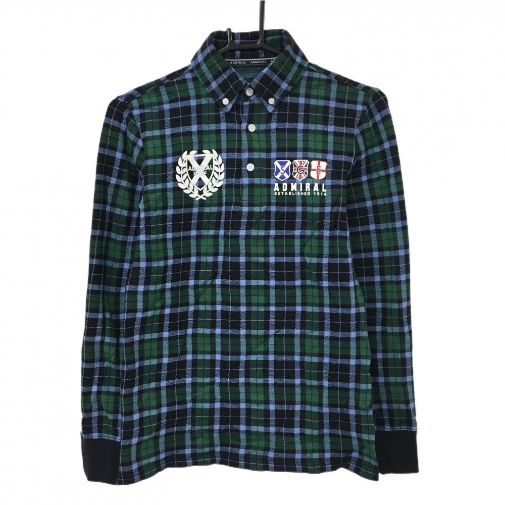 【美品】アドミラル 半袖ポロシャツ ネイビー×グリーン チェック ボタンダウン バックロゴ メンズ M ゴルフウェア Admiral