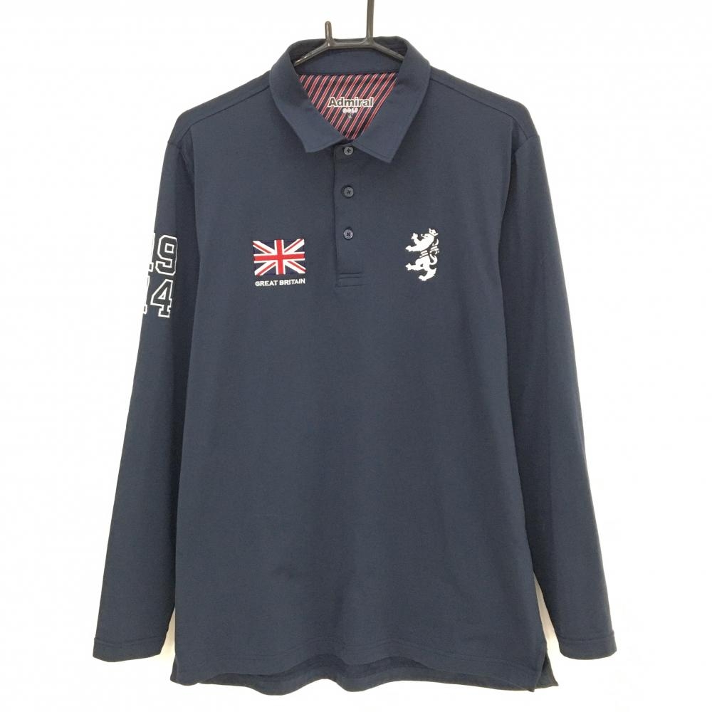 【美品】アドミラル 長袖ポロシャツ ネイビー×白 ロゴ刺しゅう 裏微起毛  メンズ LL ゴルフウェア Admiral