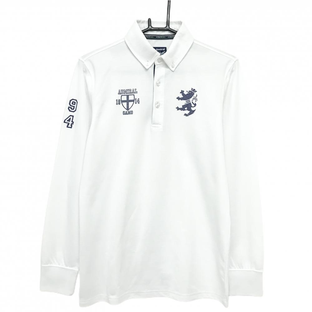 アドミラル 長袖ポロシャツ 白×ネイビー ロゴプリント ボタンダウン メンズ L ゴルフウェア Admiral