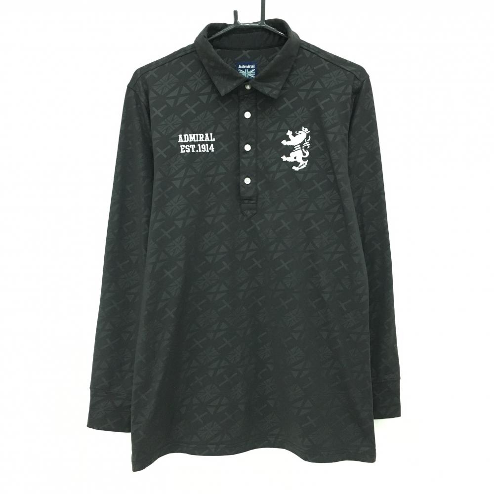 【美品】アドミラル 長袖ポロシャツ 黒 総柄地模様 ロゴ白 裏極微起毛 メンズ LL ゴルフウェア Admiral