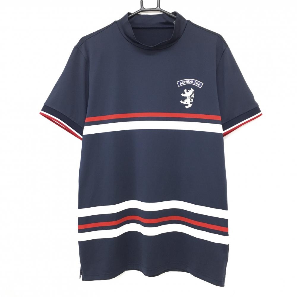 【超美品】アドミラル 半袖ハイネックシャツ ネイビー×レッド×白 裾ボーダー風 メンズ LL ゴルフウェア Admiral