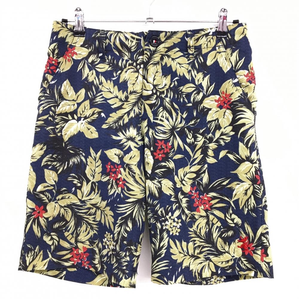 【超美品】アドミラル ハーフパンツ ネイビー×ベージュ リーフ柄 ストレッチ メンズ M ゴルフウェア Admiral