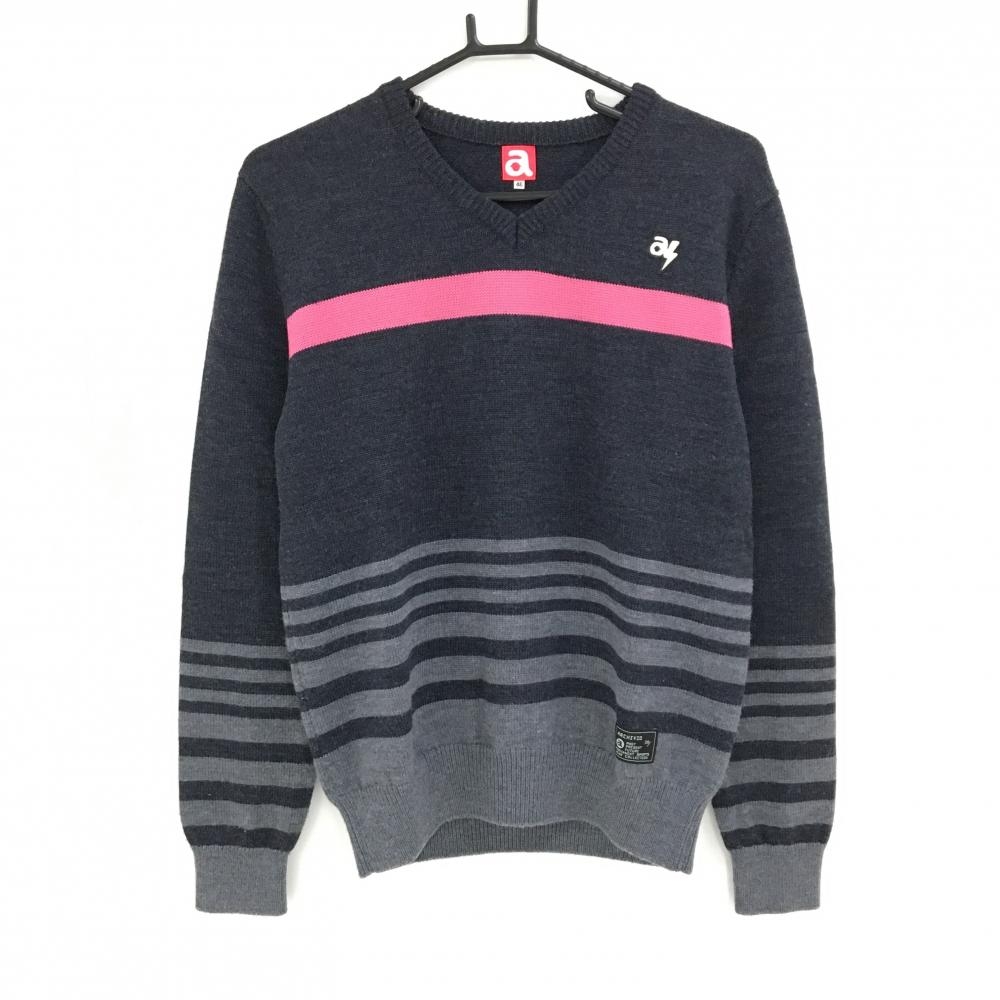 【超美品】アルチビオ セーター ダークグレー 胸元ピンクライン 一部ボーダー ニット ウール100％ メンズ 46(M) ゴルフウェア archivio