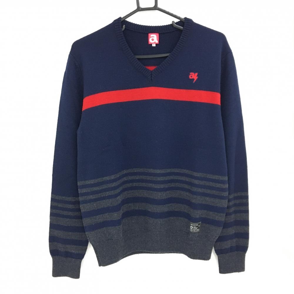 【美品】アルチビオ セーター ネイビー×グレー 一部ボーダー 胸元レッドライン ニット ウール100％ メンズ 46(M) ゴルフウェア archivio