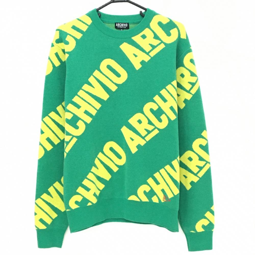 【超美品】アルチビオ セーター グリーン×イエロー 斜めロゴ総柄 ウール混 肥野竜也コラボ メンズ 48(L) ゴルフウェア archivio
