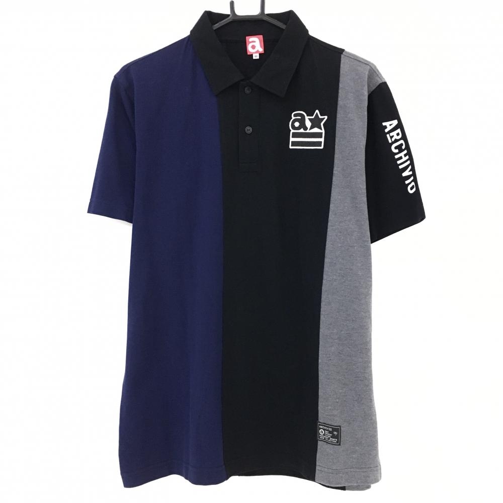【美品】アルチビオ 半袖ポロシャツ 黒×ネイビー×グレー 3トーンカラー コットン100％  メンズ 48 ゴルフウェア archivio