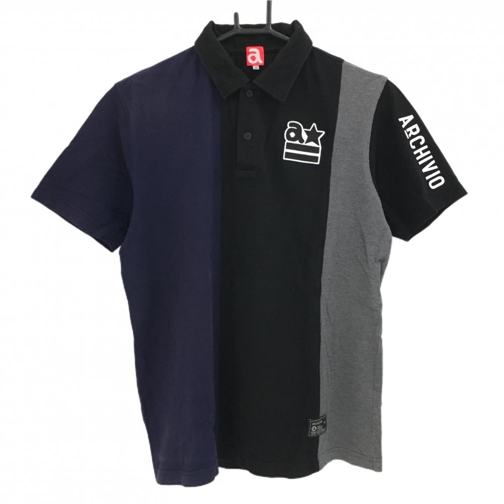 アルチビオ 半袖ポロシャツ 黒×ネイビー 切替 ワッペン  メンズ 46(M) ゴルフウェア archivio