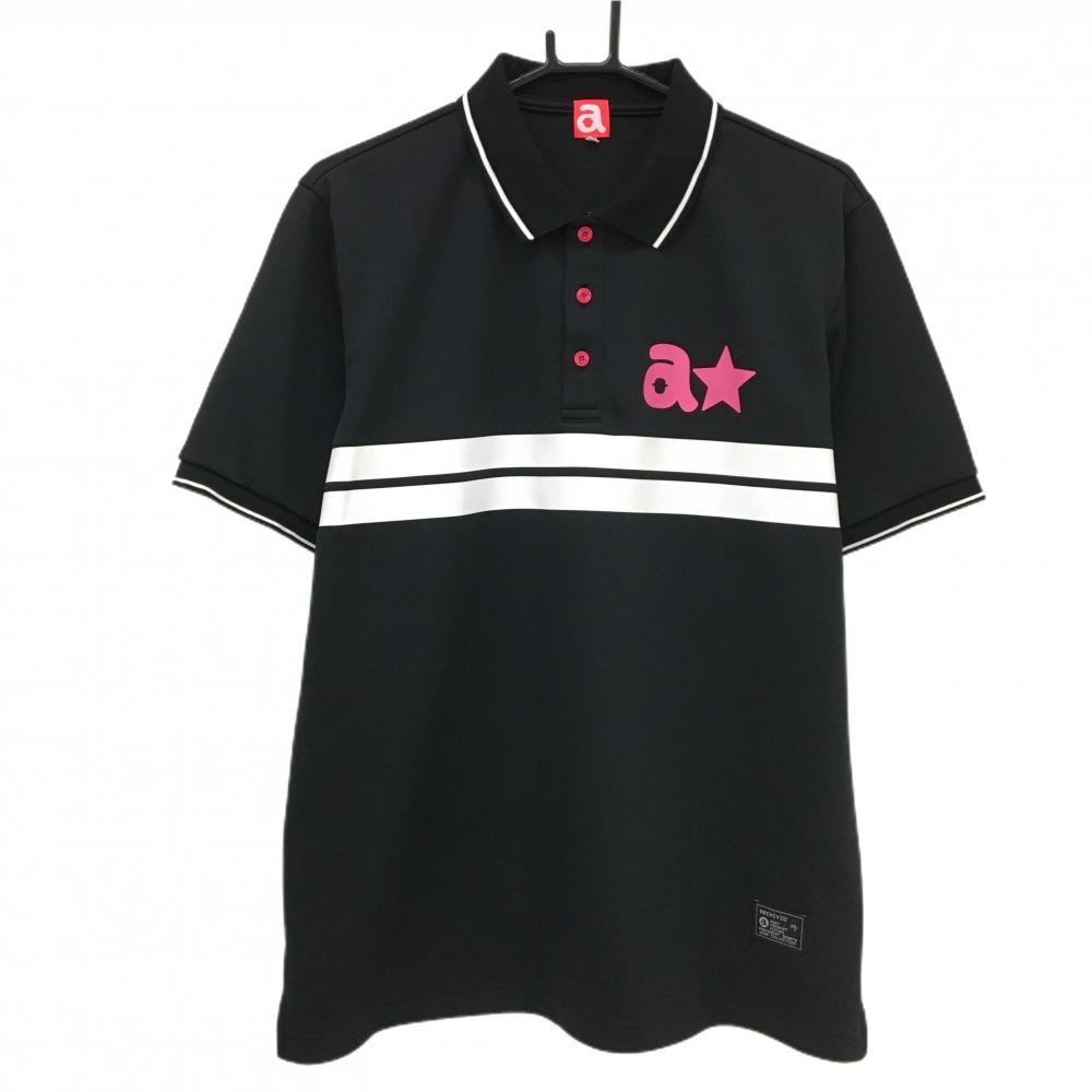 【超美品】アルチビオ 半袖ポロシャツ 黒×白 胸ライン 背ロゴプリント メンズ 50(XL) ゴルフウェア archivio