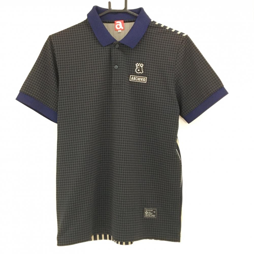 【美品】アルチビオ 半袖ポロシャツ 黒×グレー 前チェック 後ストライプ メンズ 46(M) ゴルフウェア archivio