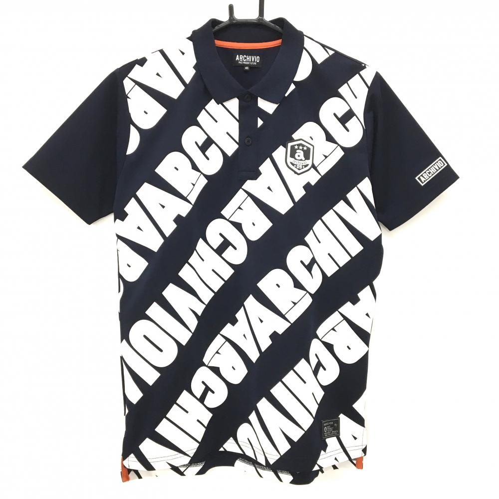 【美品】アルチビオ 半袖ポロシャツ ダークネイビー×白 斜め英字ロゴプリント メンズ 46(M) ゴルフウェア archivio