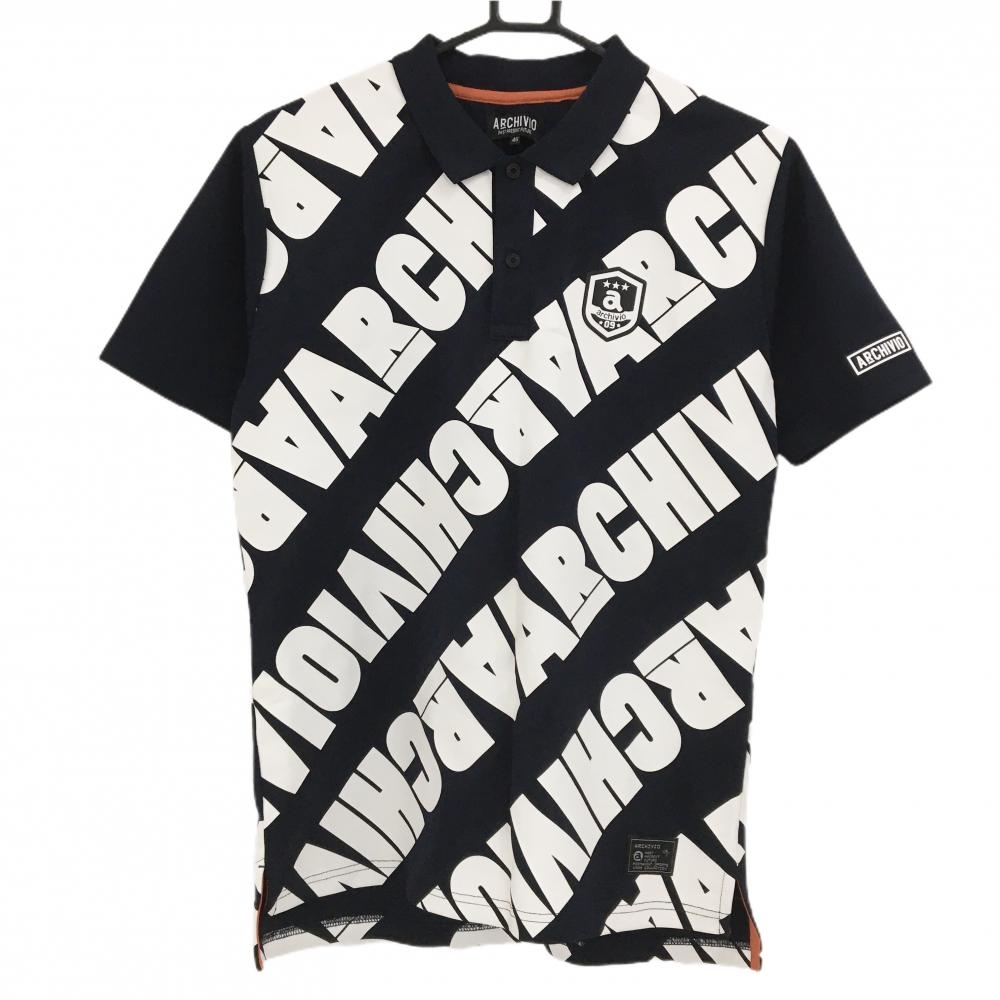 アルチビオ 半袖ポロシャツ ネイビー×白 身頃ビッグロゴ総柄 ワッペン メンズ 46(M) ゴルフウェア archivio