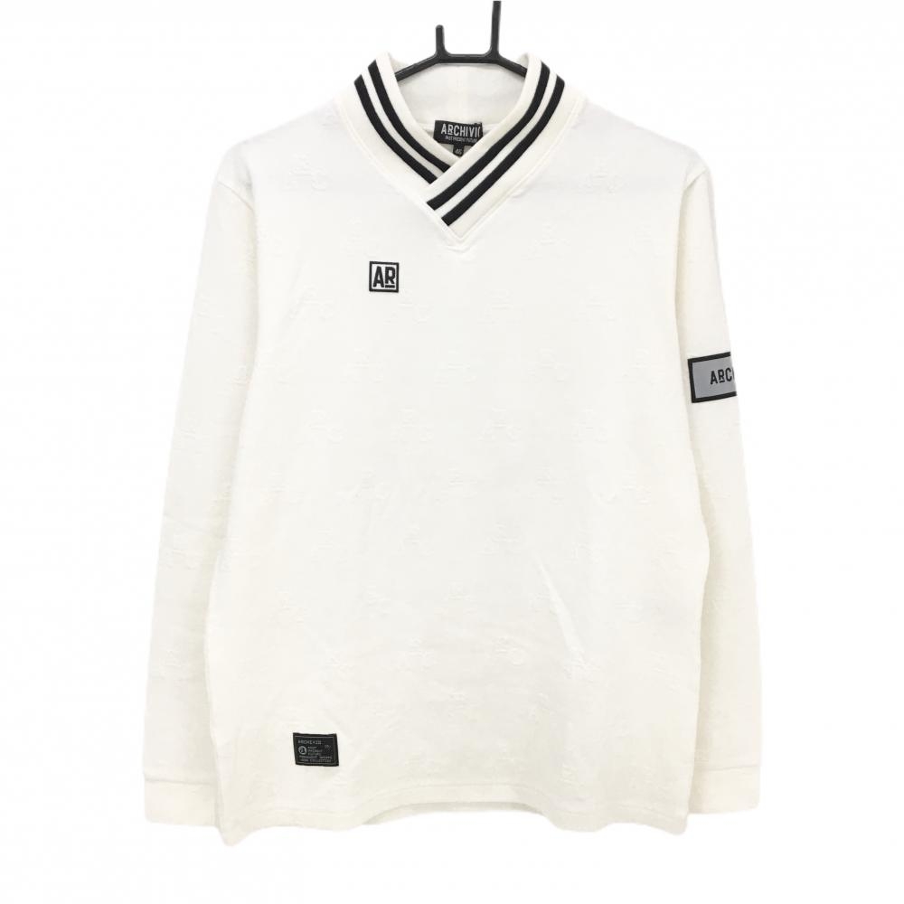 【美品】アルチビオ 長袖シャツ アイボリー×黒 ジャガードロゴ総柄 Vネック メンズ 46(M) ゴルフウェア 2024年モデル archivio