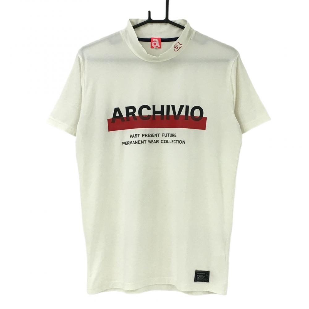 【美品】アルチビオ 半袖ハイネックシャツ 白×レッド ロゴプリント メンズ 46(M) ゴルフウェア archivio