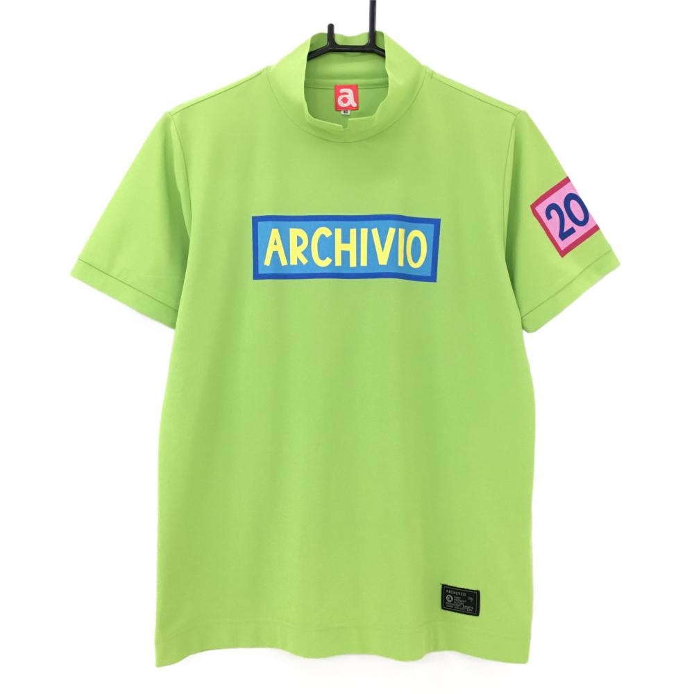 【美品】アルチビオ 半袖ハイネックシャツ ライトグリーン ロゴプリント メンズ 46(M) ゴルフウェア archivio
