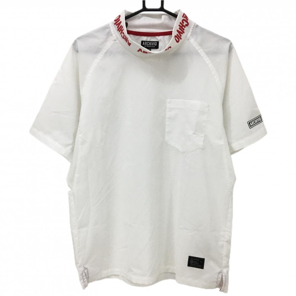 【超美品】アルチビオ 半袖ハイネックシャツ 白×レッド ネックロゴプリント 胸ポケット 薄手  メンズ 48(L) ゴルフウェア archivio