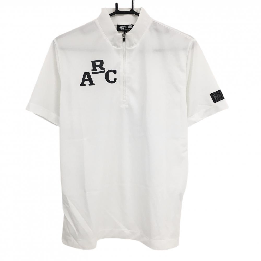 【超美品】アルチビオ 半袖ハイネックシャツ 白 ハーフジップ ロゴ黒 メンズ 46(M) ゴルフウェア archivio