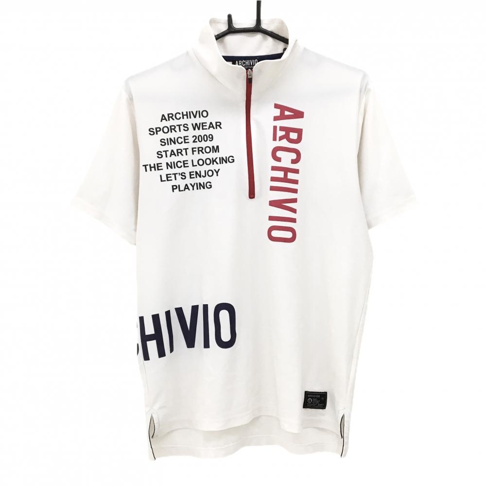 【美品】アルチビオ 半袖ハイネックシャツ 白系×レッド×ネイビー 　ロゴプリント ハーフジップ  メンズ 46(M) ゴルフウェア archivio