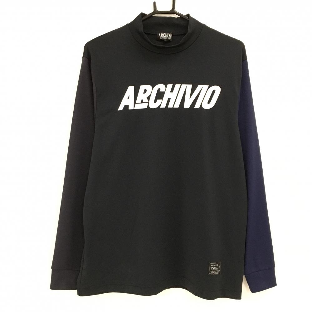 【超美品】アルチビオ 長袖ハイネックシャツ 黒×ネイビー系×白 胸ロゴプリント  メンズ 46(M) ゴルフウェア archivio