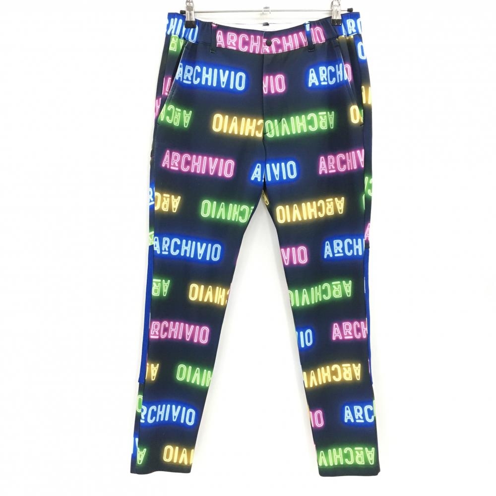アルチビオ パンツ ネイビー×マルチカラー 英字ロゴ総柄 ウエスト一部ゴム ストレッチ メンズ 46(M) ゴルフウェア archivio