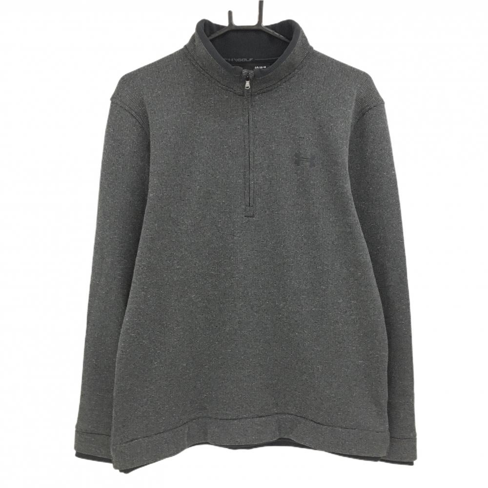 【超美品】アンダーアーマー ハイネックブルゾン 杢グレー×黒 細ボーダー 裏起毛 ハーフジップ メンズ LG/G/G ゴルフウェア UNDER ARMOUR