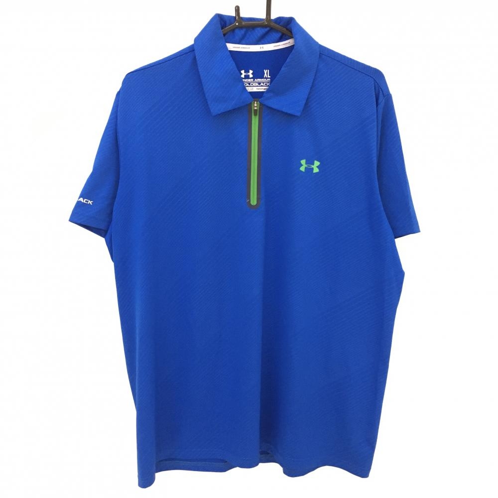 アンダーアーマー 半袖ポロシャツ ブルー×グリーン 斜めストライプ柄 総柄 ハーフジップ  メンズ XL ゴルフウェア UNDER ARMOUR