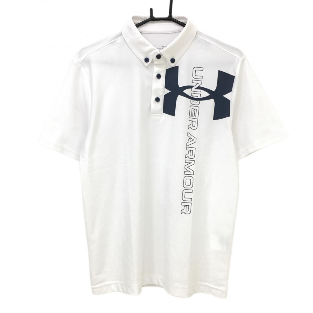 アンダーアーマー 半袖ポロシャツ 白×ネイビー フロントプリント ボタンダウン メンズ MD/M/M ゴルフウェア UNDER ARMOUR