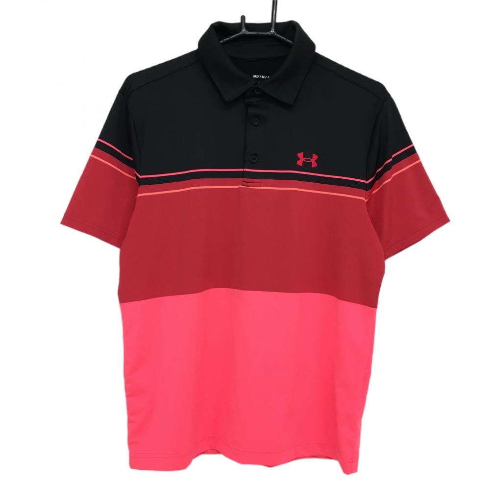 アンダーアーマー 半袖ポロシャツ 黒×レッド×蛍光ピンク 3トーンカラー メンズ MD/M/M ゴルフウェア 2022年モデル UNDER ARMOUR