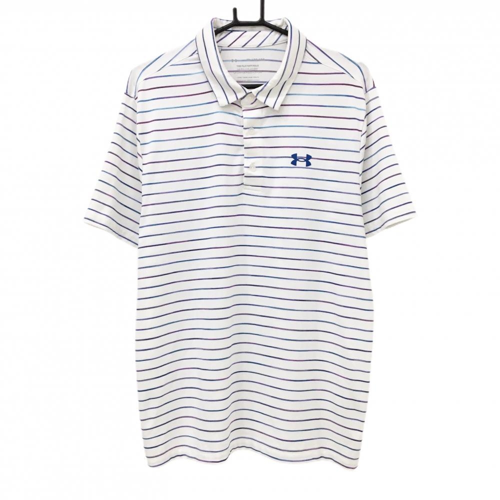 【超美品】アンダーアーマー 半袖ポロシャツ 白×ブルー ボーダー柄 胸元ロゴ メンズ XL ゴルフウェア UNDER ARMOUR