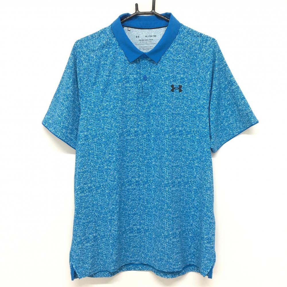 アンダーアーマー 半袖ポロシャツ ブルー×白 総柄 ロゴプリント ストレッチ メンズ XL/TG/EG ゴルフウェア UNDER ARMOUR