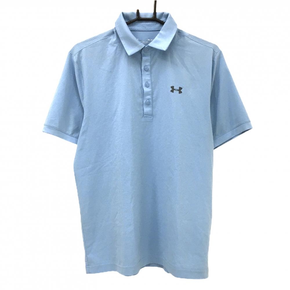 【超美品】アンダーアーマー 半袖ポロシャツ ライトブルー 細目格子柄地模様 メッシュ調 メンズ MD/M/M ゴルフウェア UNDER ARMOUR
