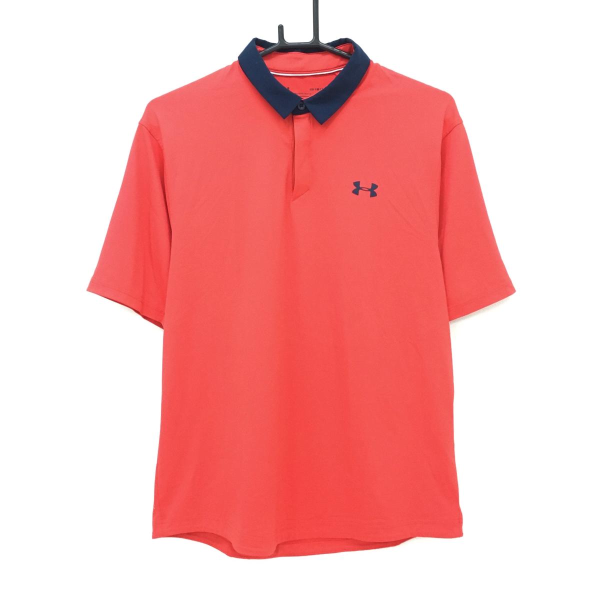 【超美品】アンダーアーマー 半袖ポロシャツ レッド×ネイビー ロゴ ストレッチ メンズ MD/M/M ゴルフウェア UNDER ARMOUR