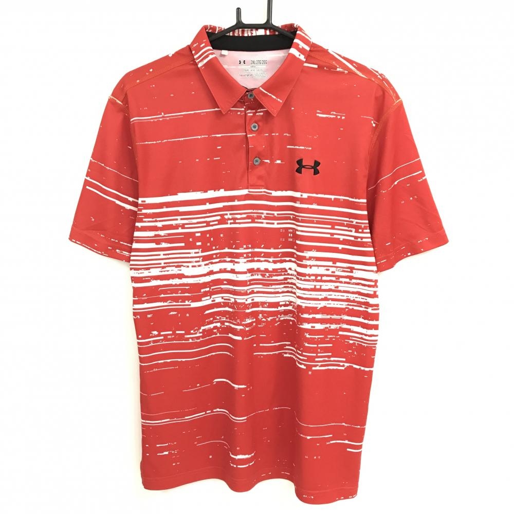 【美品】アンダーアーマー 半袖ポロシャツ レッド×白 総柄 ロゴ刺しゅ メンズ 2XL ゴルフウェア 大きいサイズ UNDER ARMOUR