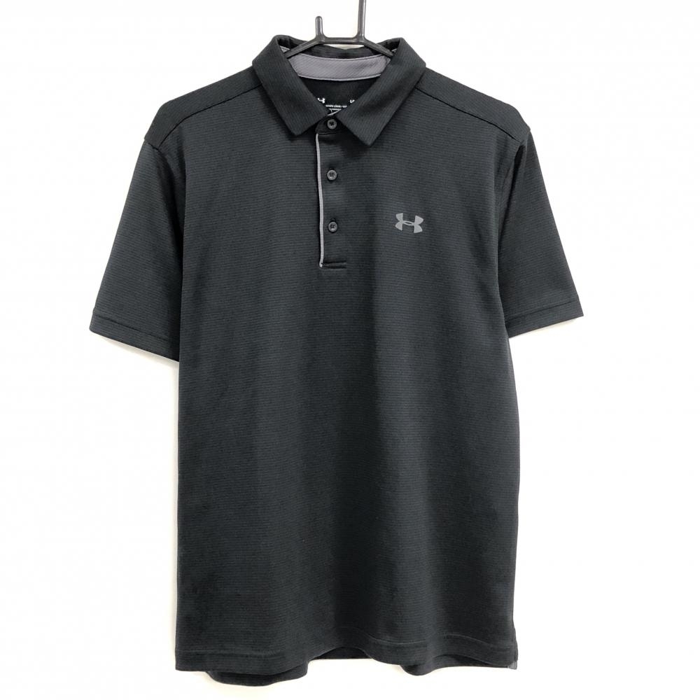 【超美品】アンダーアーマー 半袖ポロシャツ 黒 ボーダー地模様 ロゴグレー メンズ LG/G/G ゴルフウェア UNDER ARMOUR
