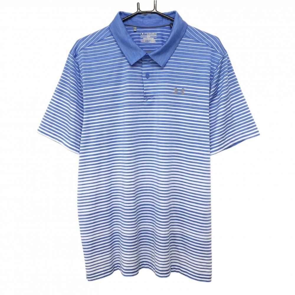 【美品】アンダーアーマー 半袖ポロシャツ 杢ブルー×白 ボーダー 胸元ロゴ メンズ 2XL/2TG/2XG ゴルフウェア 大きいサイズ UNDER ARMOUR