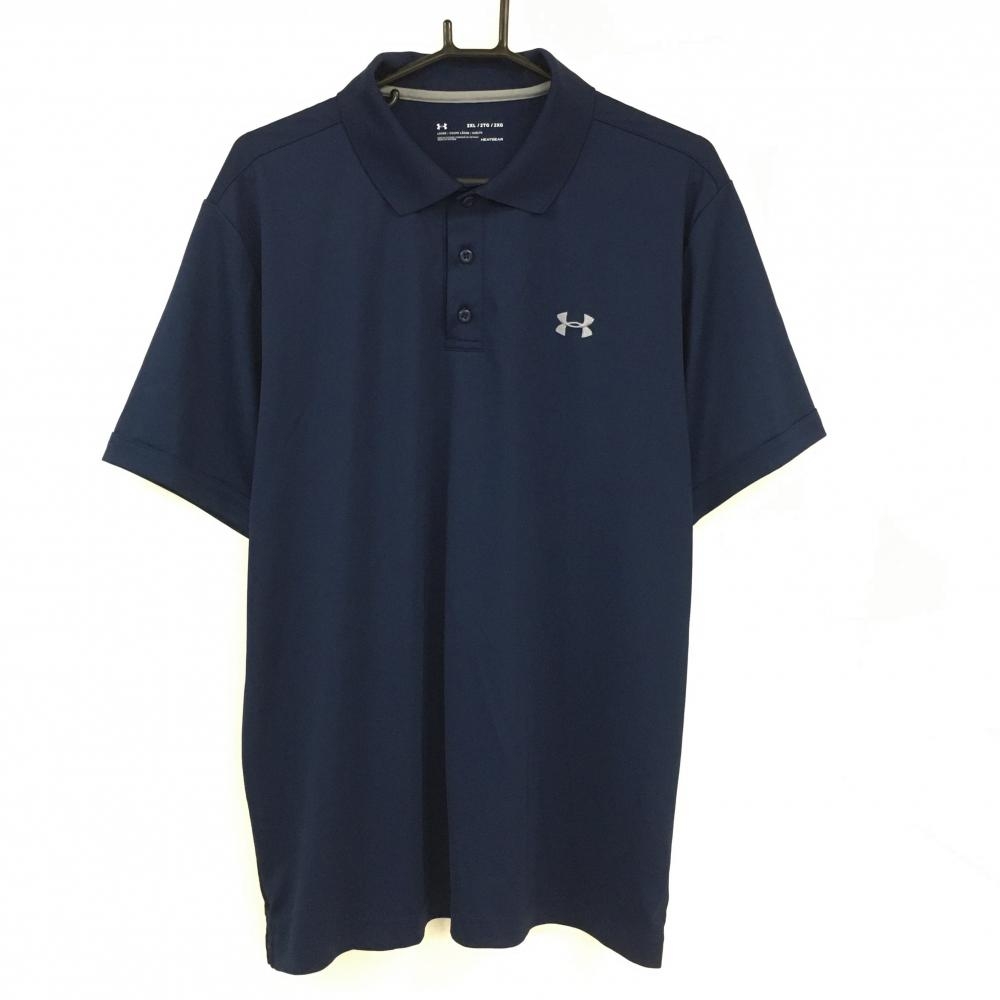 【美品】アンダーアーマー 半袖ポロシャツ ネイビー ロゴグレー 右肩薄汚れ小  メンズ 2XL ゴルフウェア 大きいサイズ UNDER ARMOUR