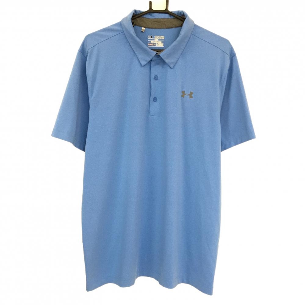 【美品】アンダーアーマー 半袖ポロシャツ 杢ブルー ピンドット調 ロゴダークグレー メンズ 2XL ゴルフウェア UNDER ARMOUR