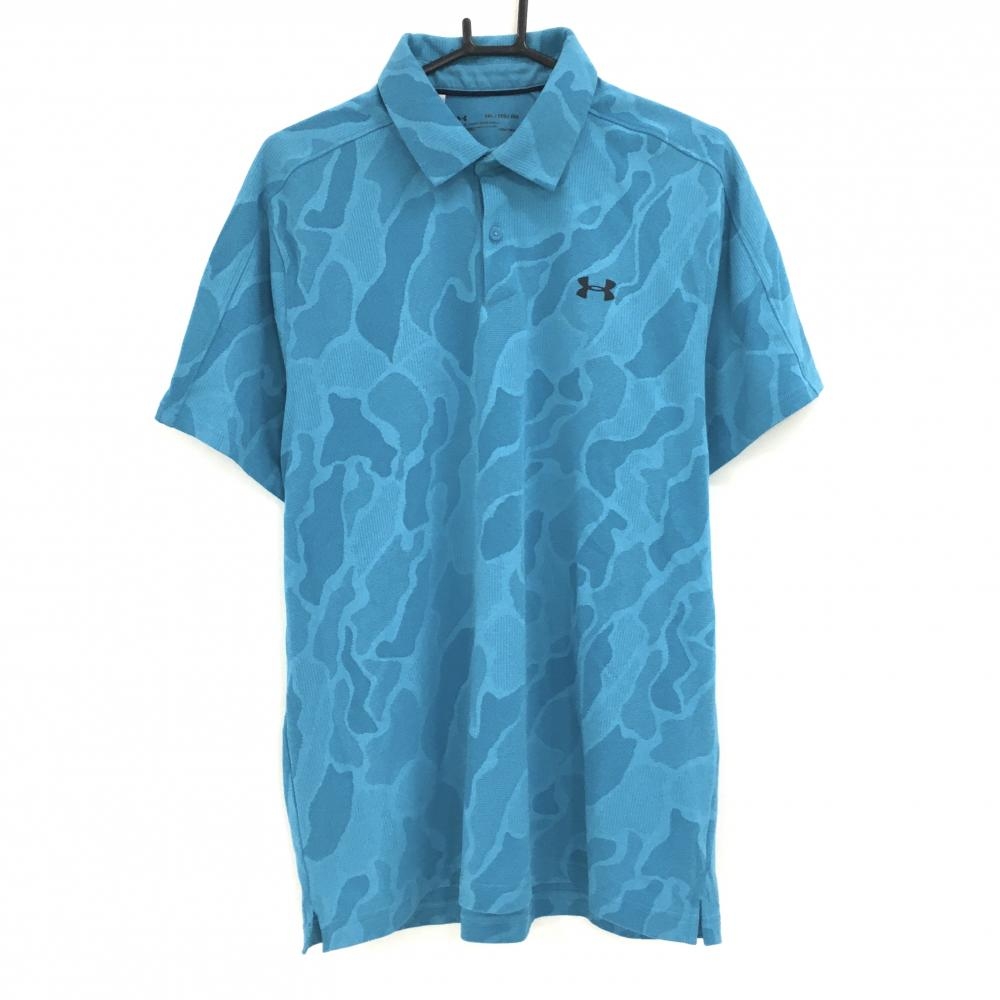 【超美品】アンダーアーマー 半袖ポロシャツ ブルー系 カモフラ地模様 迷彩 メンズ 2XL/2TG/2EG ゴルフウェア 大きいサイズ UNDER ARMOUR