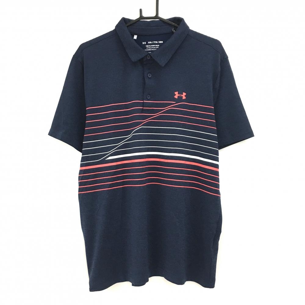 【超美品】アンダーアーマー 半袖ポロシャツ 杢ネイビー×オレンジ系  メンズ XXL/TTG/EEG ゴルフウェア 大きいサイズ UNDER ARMOUR