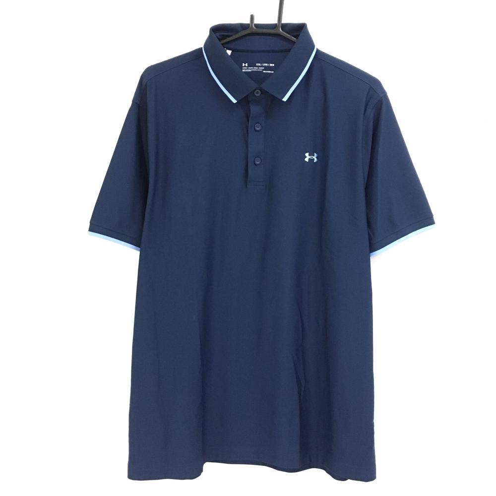 【美品】アンダーアーマー 半袖ポロシャツ ネイビー×ブルー 襟・袖口ライン メンズ XXL/2TG/2EG ゴルフウェア 大きいサイズ UNDER ARMOUR