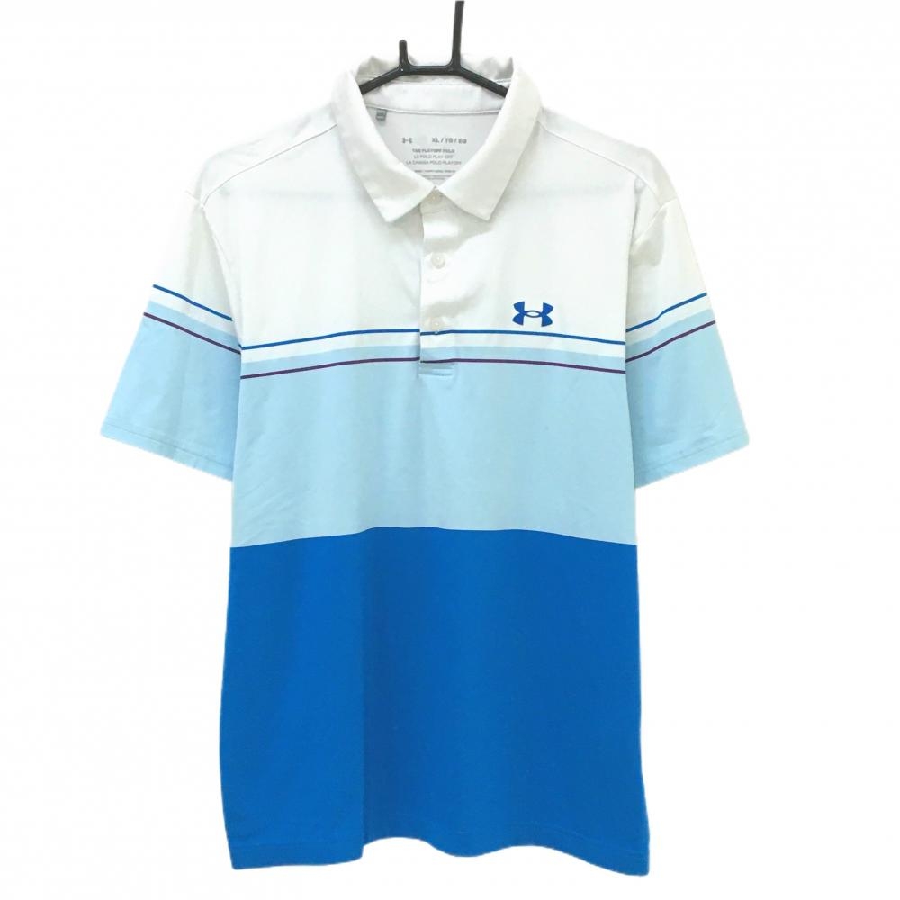 【美品】アンダーアーマー 半袖ポロシャツ 白×ブルー 胸ロゴプリント メンズ XL ゴルフウェア UNDER ARMOUR