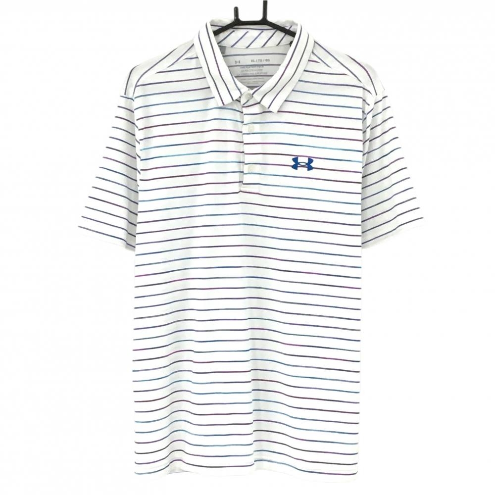 【超美品】アンダーアーマー 半袖ポロシャツ 白×ブルー×パープル ボーダー  メンズ XL ゴルフウェア UNDER ARMOUR