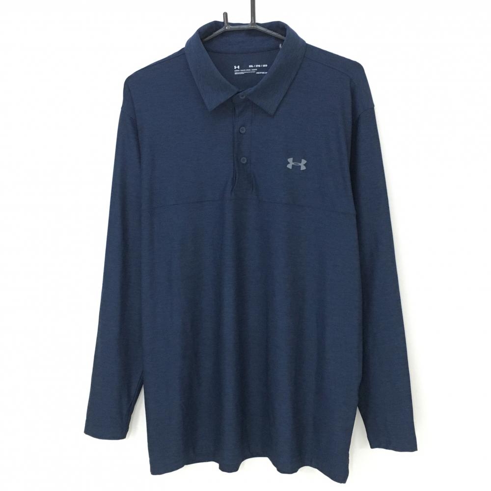 【超美品】アンダーアーマー 長袖ポロシャツ 杢ネイビー ストレッチ ロゴグレー HEATGEAR メンズ 2XL ゴルフウェア UNDER ARMOUR